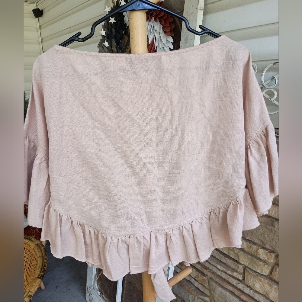 IRO Blush Pink/Beige Ruffled Tie-Front Linen And Cotton Blouse_34 - Picture 7 of 8